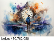A surrealist watercolor illustration depicting a teenager in a blue sweatshirt standing in front of a huge mechanical clock surrounded by a fantastical city and splashes of bright colors. The city seems to dissolve in the colors, disappearing into an abstract space. The boy's figure looks into the future, and in front of him is a symbolic dimension of time, where the boundaries between reality and imagination are blurred. The illustration is rich in detail and emotion, evoking the theme of time, choice and travel. Стоковое AI-изображение, AI-художник Анна Кривицкая / Фотобанк Лори