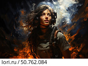 A digital illustration of a young female pilot against a dramatic sky filled with light and flames. The girl is dressed in a pilot's uniform, wearing a protective helmet with a headset and an oxygen mask strapped to her chest. Her hair flows against a backdrop of swirling clouds and fire, and her face expresses determination, hope and strength. The image symbolizes courage, heroism and the desire for freedom, perfect for themes related to aviation, military service, female leadership and inspiration. Стоковое AI-изображение, AI-художник Анна Кривицкая / Фотобанк Лори