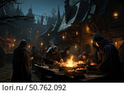 An atmospheric scene of a medieval street in the evening, lit by the warm light of lanterns. In the foreground is a group of people in dark hooded cloaks, leaning over tables with food around a fire. Smoke rises from the fire, adding mystery and realism to the scene. In the background are old houses with carved roofs, lit by a soft yellow light. People in the shadows create the feeling of a secret meeting or an outdoor meal in a fantasy city. The scene conveys a mood of adventure, mystery and old-fashioned coziness. Стоковое AI-изображение, AI-художник Анна Кривицкая / Фотобанк Лори