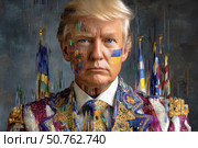Портрет президента США Дональда Трампа на фоне флагов европейских стран. На левой щеке украинский флаг. Сюрреалистическая абстрактная живопись. Стоковое AI-изображение, AI-художник Щеголева Ольга / Фотобанк Лори