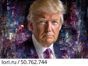 Портрет президента США Дональда Трампа на фоне футуристического городского пейзажа, стиль цифрового искусства, абстрактная живопись маслом. Стоковое AI-изображение, AI-художник Щеголева Ольга / Фотобанк Лори