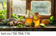 Имбирный лимонад на rustic деревянном столе, освежающий и полезный, с натуральным светом. Стоковое AI-изображение, AI-художник Наталья Харинова / Фотобанк Лори