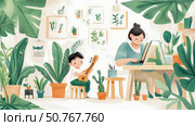 Mom Working from Home, Child Playing Ukulele in a Plant-Filled Room. Стоковое AI-изображение, AI-художник Данила Большаков / Фотобанк Лори