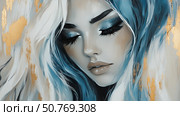 Portrait of a woman with striking features and beautiful golden accents in her hair intermingled with blue tones in a serene setting Generative AI. Стоковое AI-изображение, AI-художник Елена Зубкова / Фотобанк Лори
