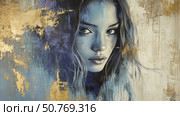 Portrait of a woman with expressive eyes and flowing hair against a textured gold and blue background Generative AI. Стоковое AI-изображение, AI-художник Елена Зубкова / Фотобанк Лори