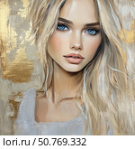 Stunning portrait of a young woman with captivating blue eyes and golden accents in the background Generative AI. Стоковое AI-изображение, AI-художник Елена Зубкова / Фотобанк Лори