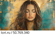 Portrait of a woman with golden accents and flowing hair set against a vibrant turquoise background during a serene moment Generative AI. Стоковое AI-изображение, AI-художник Елена Зубкова / Фотобанк Лори