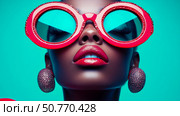 Close-up Portrait: Woman with Red Sunglasses and Earrings. Стоковое AI-изображение, AI-художник Данила Большаков / Фотобанк Лори