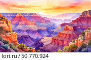 A breathtaking view of the Grand Canyon during sunset symbolizing vastness, time, and the ever-changing beauty of natural erosion. Watercolor painting. Стоковое AI-изображение, AI-художник Ольга Сухарева / Фотобанк Лори