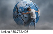 Man supporting broken planet earth, environmental responsibility. Стоковое AI-видео, аниматор Юрий Поздников / Фотобанк Лори