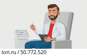 Doctor showing blood sample while sitting next to medical equipment. Стоковое AI-видео, аниматор Юрий Поздников / Фотобанк Лори