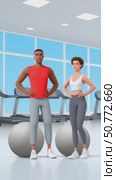 Fitness couple demonstrating leg exercise variations in gym. Стоковое AI-видео, аниматор Юрий Поздников / Фотобанк Лори