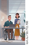 Businessman in wheelchair working with manager, office collaboration. Стоковое AI-видео, аниматор Юрий Поздников / Фотобанк Лори