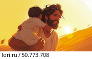 Golden Hour Father and Child: A heartwarming illustration of paternal love during sunset. Стоковое AI-изображение, AI-художник Данила Большаков / Фотобанк Лори