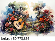 Bright and cheerful watercolor illustration of a classical acoustic guitar surrounded by colorful flowers and vegetation. In the background you can see a picturesque forest with trees and a small waterfall, creating an atmosphere of peace and natural beauty. The illustration is made in a fantasy style with soft colors and smooth transitions of shades. Стоковое AI-изображение, AI-художник Анна Кривицкая / Фотобанк Лори