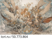 Fantasy illustration depicting a group of angels with large wings, surrounded by complex ornaments and mystical elements. The angels are depicted in smooth, graceful poses, dressed in airy clothes with many details and decorations. The color palette is soft, with a predominance of light beige, blue and golden shades, creating an atmosphere of divine light and magic. The picture is filled with dynamics and energy, conveying a sense of spirituality and grandeur. Стоковое AI-изображение, AI-художник Анна Кривицкая / Фотобанк Лори