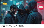 Group of young men wearing dark hoodies and face masks, meeting in a dark urban alley at night, footage. Стоковое AI-видео, аниматор Анжелика Самсонова / Фотобанк Лори
