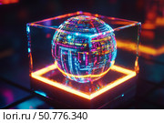 A sleek metallic orb embedded with vibrant neon motifs, spinning gently inside a bright glowing cube,  created by ai. Стоковое AI-изображение, AI-художник Виталий Сова / Фотобанк Лори