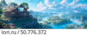 Mountaintop Cabin with Breathtaking River Valley View: A Serene Landscape Painting. Стоковое AI-изображение, AI-художник Данила Большаков / Фотобанк Лори