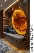 Illuminated Alcove with Onyx Feature Wall and Built-in Seating. Стоковое AI-изображение, AI-художник Данила Большаков / Фотобанк Лори