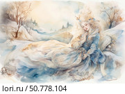 A delicate watercolor illustration of a beautiful girl in a long blue dress, sleeping or thoughtfully resting in a snowy landscape. Her light hair blends smoothly into the background, as if becoming part of the winter wind. Around are soft hills, trees without leaves and a quiet winter atmosphere with iridescent light. The painting conveys a sense of peace, beauty and magic, as if the heroine is winter itself or a magical snow fairy. Perfect for decorating fairy tales, postcards, interior prints and seasonal projects. Стоковое AI-изображение, AI-художник Анна Кривицкая / Фотобанк Лори