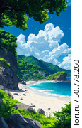 Serene Coastal Haven: Idyllic Beach Scene with Lush Greenery and Azure Waters. Стоковое AI-изображение, AI-художник Данила Большаков / Фотобанк Лори