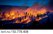 Fiery Sunset Inferno: Wildfire Engulfs Forest at Dusk. Стоковое AI-изображение, AI-художник Данила Большаков / Фотобанк Лори