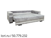 Gray unfolded sofa with velor fabric pillows isolated on a white background. Cushioned furniture. Стоковое фото, фотограф Лазаренко Светлана / Фотобанк Лори