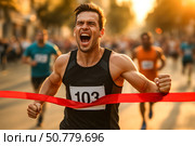 Triumphant Runner Celebrates Victory as He Crosses Finish Line, Cheered by the Crowd Amidst Energetic Atmosphere of Competition and Achievement. Стоковое AI-изображение, AI-художник Башкирова Анна / Фотобанк Лори