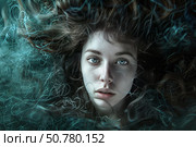 Mysterious woman emerging from dark teal smoke and light streaks. Стоковое AI-изображение, AI-художник Иван Рябоконь / Фотобанк Лори