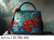 Stylish teal leather bag with embossed floral design showcasing craftsmanship. Стоковое AI-изображение, AI-художник Иван Рябоконь / Фотобанк Лори
