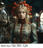 Portrait of a young woman in a richly decorated historical costume with baroque and steampunk elements. On her head she wears a crown of decorative orange fruits, reminiscent of miniature pumpkins or Chinese lanterns. Her outfit is detailed with embroidery, beads, gemstones and metallic elements. The atmosphere is mysterious and sophisticated, the interior behind is done in warm colors with vintage details and glass vessels. The image is ideal for themes of fashion, fantasy, history, culture and visual storytelling. Стоковое AI-изображение, AI-художник Анна Кривицкая / Фотобанк Лори