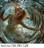 A surreal art photograph of a girl in a luxurious white dress inside a metal tunnel or pipe. Her facial expression conveys surprise or anxiety, her hair flutters, and the light falls softly through the shiny surfaces around her. The atmosphere of the scene resembles a moment from a fairy tale or a science fiction film - as if the heroine found herself in another dimension. The contrast between the rough texture of the rusty metal and the sophistication of the dress enhances the drama and cinematography of the composition. Стоковое AI-изображение, AI-художник Анна Кривицкая / Фотобанк Лори