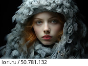 A portrait of a girl in a dramatic artistic image. Her face is the center of the composition, with soft, almost porcelain lighting that highlights her fair skin, expressive eyes and natural features. She wears an exquisite headdress consisting of many gray feathers and translucent fabric, which creates a sense of magic, mystery and inspiration from nature. The dark background makes the image even more expressive and focuses attention on the face. Ideal for stock themes: fashion, art, fairy tales, female beauty, style and nature. Стоковое AI-изображение, AI-художник Анна Кривицкая / Фотобанк Лори