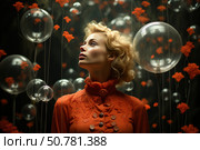 Conceptual art portrait of a woman in a vintage orange dress with a high neck and decorative buttons. She stands surrounded by glass spheres and airy red flowers, creating an atmosphere of surrealism and dream. The heroine's upward gaze conveys a sense of admiration, expectation or search. The image is made in an artistic style with cinematic light and contrast, emphasizing the emotional expressiveness of the scene. Стоковое AI-изображение, AI-художник Анна Кривицкая / Фотобанк Лори