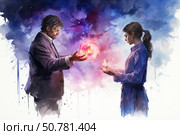 An artistic illustration of a man and a woman standing opposite each other against the backdrop of an abstract universe. The man in a formal suit holds a glowing energy ball, as if representing cosmic power or knowledge. The woman in a shirt accepts a jar of the same light from him, symbolizing the transfer of energy, trust, inspiration or knowledge. The color scheme is a combination of purple, blue and pink shades, creating an atmosphere of mysticism and emotional depth. The painting expresses interaction, care, spiritual connection and semantic unity of two people. Стоковое AI-изображение, AI-художник Анна Кривицкая / Фотобанк Лори