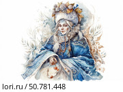 A delicate ethnic watercolour illustration of a woman in traditional Russian winter attire. She wears a rich blue embroidered dress, fur trim and a headdress decorated with autumn leaves and flowers. She holds a charm or amulet in her hand. The overall style is decorative, with elements of Slavic culture and natural symbolism. A warm, mystical and atmospheric composition, ideal for themes related to folk traditions, holidays, history and culture. Стоковое AI-изображение, AI-художник Анна Кривицкая / Фотобанк Лори