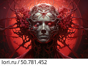 A fantastic digital artwork featuring a surreal image of a female face surrounded by organic, branched structures resembling roots or vessels. The face is emotionless, with closed eyes, painted silver-gray, against a bright red circle, creating a sense of power and mystery. The branches and ramifications form a complex pattern, decorated in places with scarlet flowers. The image combines elements of nature, biomechanics and futuristic horror, evoking associations with cyberpunk, transformation and mythology. Стоковое AI-изображение, AI-художник Анна Кривицкая / Фотобанк Лори