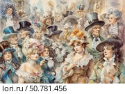 A bright and rich watercolor illustration depicting a street scene in the style of the 18th century. A crowd of elegantly dressed people - men in top hats, waistcoats and jabots, women in lush dresses with hats, feathers and curls. The atmosphere is lively, people are smiling, chatting, strolling. The artistic style emphasizes the sophistication and theatricality of the era. The image is suitable for themes of fashion history, retro style, classic costumes and cultural festivals. Стоковое AI-изображение, AI-художник Анна Кривицкая / Фотобанк Лори