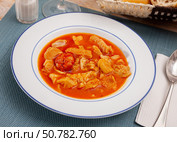 Soup from tasty boiled beef tripe with chorizo at plate. Стоковое фото, фотограф Яков Филимонов / Фотобанк Лори