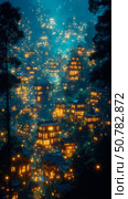 Enchanted Hillside Village at Night: A Digital Painting of Illuminated Houses Amongst Trees and Fireflies. Стоковое AI-изображение, AI-художник Данила Большаков / Фотобанк Лори
