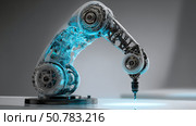 Close-up of High Precision Robot Arms on Automated PCB Assembly Line Inside Modern Electronics Factory. Component Installation. Board. Electronic Devices Production Industry. Manufacturing Automation. Стоковое AI-изображение, AI-художник ALLA YURTAYEVA / Фотобанк Лори