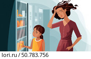 A child choosing a sugary snack at a vending machine, with a parent shaking their head in disapproval. Стоковое AI-изображение, AI-художник ALLA YURTAYEVA / Фотобанк Лори