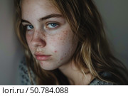 Teenage girl with freckles and acne posing indoors. Стоковое AI-изображение, AI-художник Иван Рябоконь / Фотобанк Лори