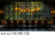 Serene Boardroom with Lush Garden View: Luxurious Conference Space Design. Стоковое AI-изображение, AI-художник Данила Большаков / Фотобанк Лори