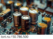 Electrolytic capacitors and resistors populating a circuit board. Стоковое AI-изображение, AI-художник Иван Рябоконь / Фотобанк Лори