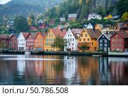 Colorful wooden houses reflecting on the water in bryggen, bergen, norway. Стоковое AI-изображение, AI-художник Иван Рябоконь / Фотобанк Лори