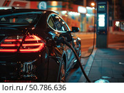Black electric car charging at public station in urban environment at night. Стоковое AI-изображение, AI-художник Иван Рябоконь / Фотобанк Лори