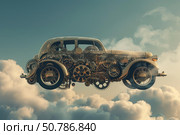 Steampunk car flying in the clouds, concept of innovation and imagination. Стоковое AI-изображение, AI-художник Иван Рябоконь / Фотобанк Лори