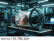 Scientists studying human brain connected to artificial intelligence in futuristic laboratory. Стоковое AI-изображение, AI-художник Иван Рябоконь / Фотобанк Лори